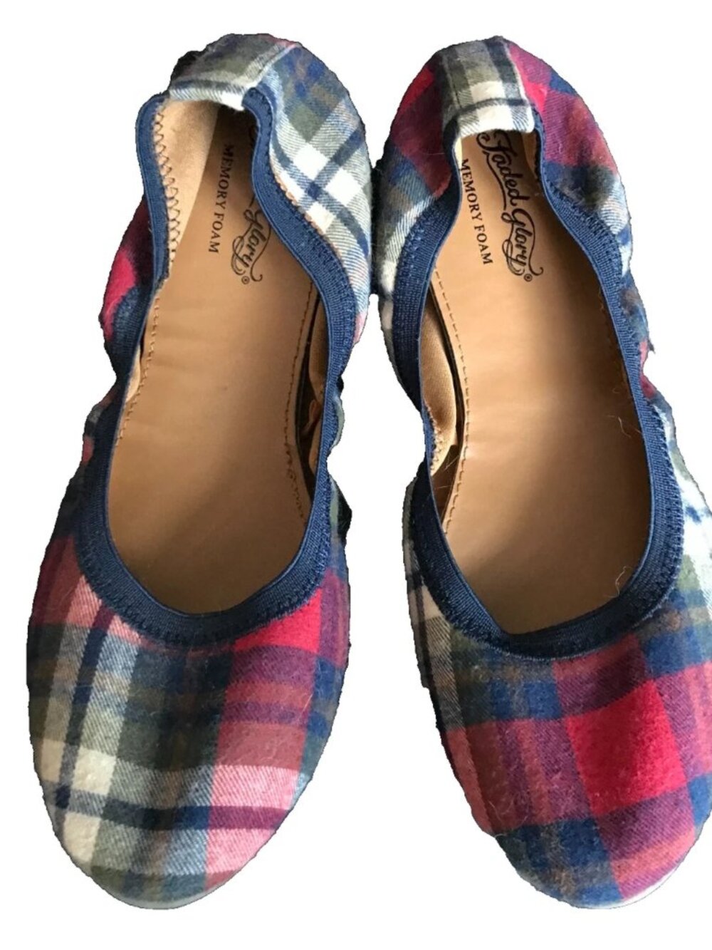 Faded Glory Scrunch Ballet Plaid Flats in Red & Blue, Size 8